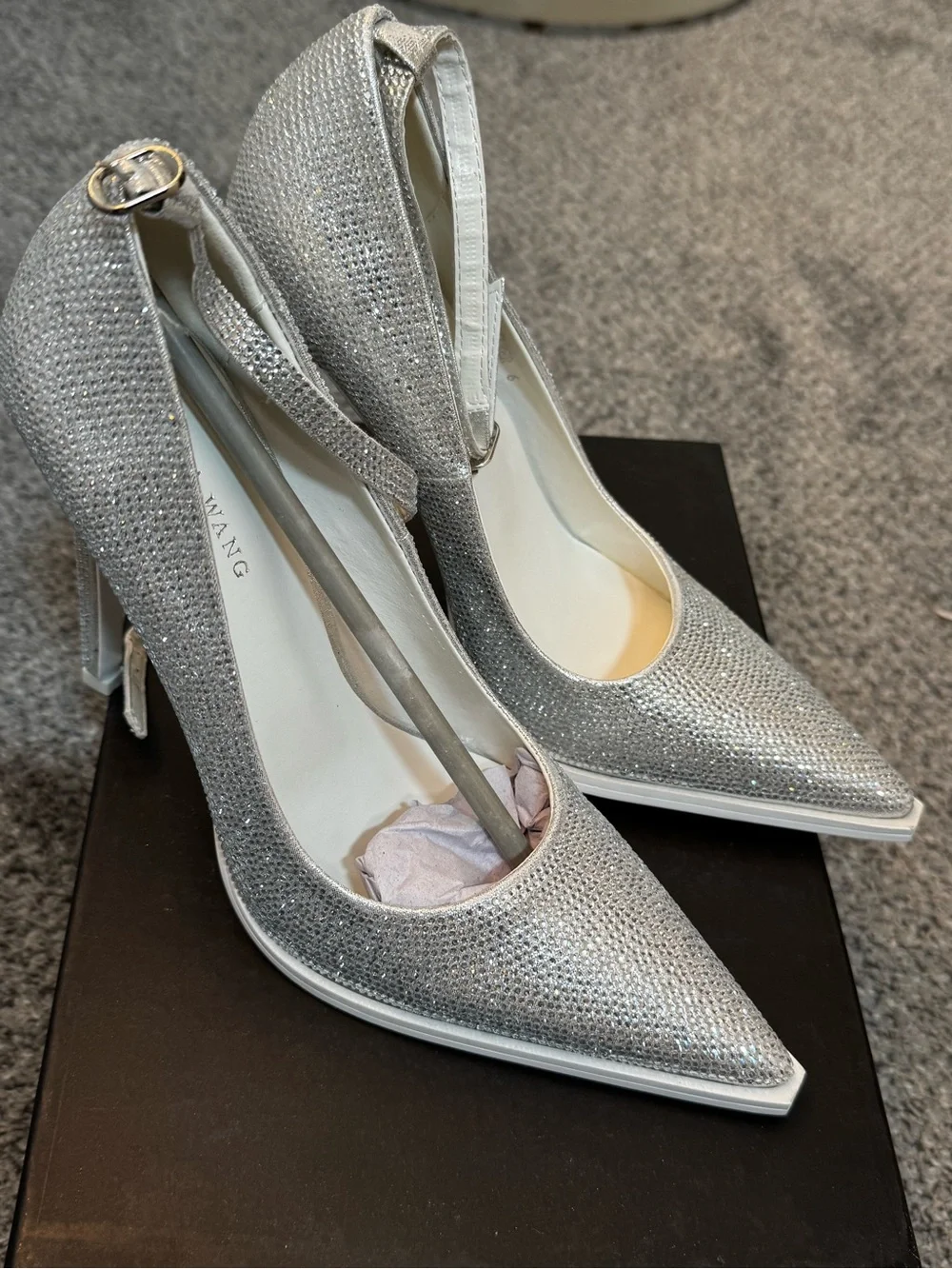 Azalea Wang Silver Glitter Pointed-Toe Ankle-Strap Pumps